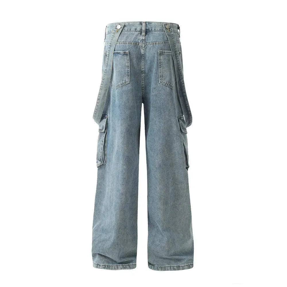 Ribbon Design Multi-pocket Workwear Denim Trousers Men Jeans