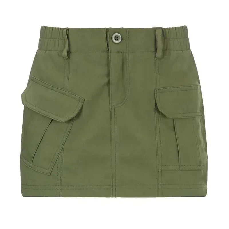 Simple Tooling Style Pocket Army Green Woven Hot Girl A- Line Mini Hip Cargo Skirt Summer - EX-STOCK CANADA