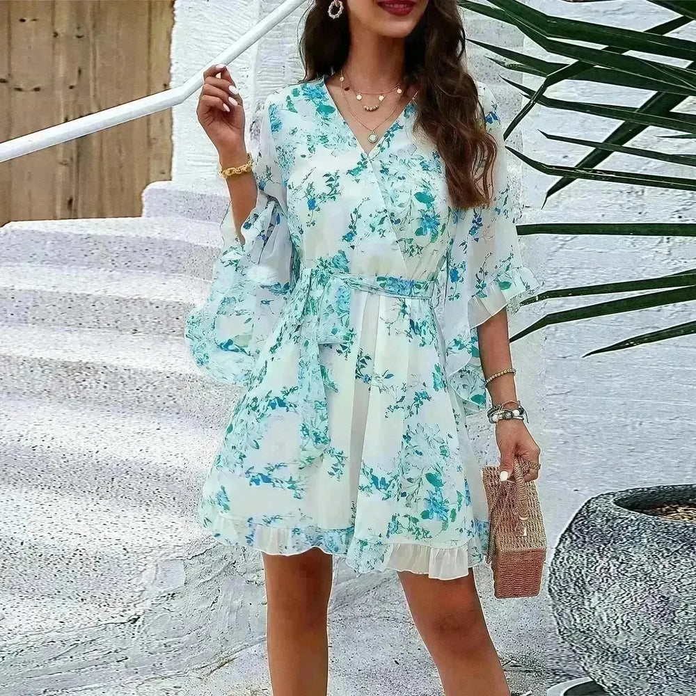 Casual Summer Chiffon Floral Print Short Sleeves Dress Lace Up Ruffles Design Fashion V-neck Short Mini Dresses Womens Clothing - EX-STOCK CANADA