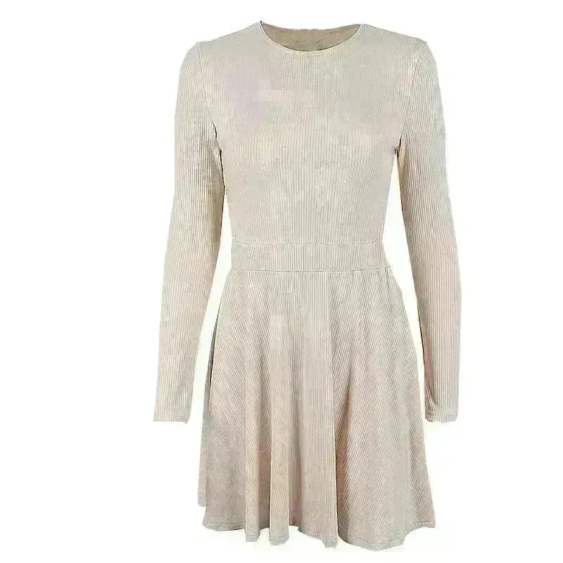 Y2K Long-sleeved Party Club Dress Solid Color Round Neck A-line Mini Skater Dress - EX-STOCK CANADA