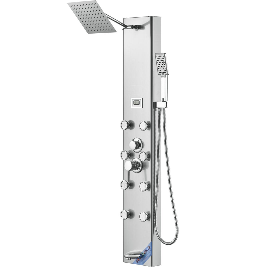 Shower Panel System, 5 Shower Modes, Digital Display Shower Panel Tower, Rainfall, 8 Massage Jets, Tub Spout, 3-Setting Handheld Shower Head 59 Hose, Stainless Steel Wall-Mounted Shower Set EX-STOCK
