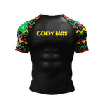 Black athletic shirt with colorful sleeves and 'CODY LYN' text on a white background