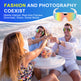 People on a boat wearing colorful sunglasses with text about fashion, photography, and technology.