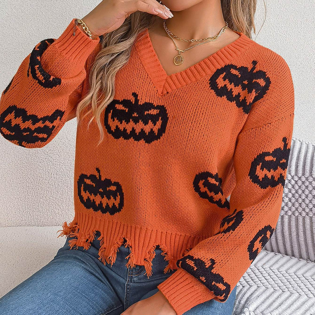Halloween Contrast Color Pumpkin Cut Long Sleeve Sweater EX-STOCK