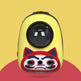 Yellow pet carrier with a red and black cat face design on a yellow background