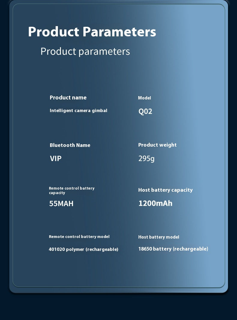 A blue informational graphic titled 'Product Parameters' listing product details such as model Q02, Bluetooth name VIP, remote control battery capacity 55MAH, remote control battery model 40102, and host battery capacity 1200mAh.