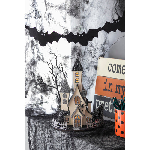 10x8.3x13.5 Cardboard Lighted Haunted House, Black Beige Tabletop Holiday Halloween Decor, Battery Powered EX-STOCK