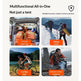 Promotional graphic for a multifunctional all-in-one emergency/hiking tent, showing four square lifestyle panels: first aid in an ambulance, hiking in the snow, cycling on a lake, and outdoor survival by a campfire. Text reads 'Multifunctional All-in-One Not just a tent' with small explanatory copy and a shield icon.