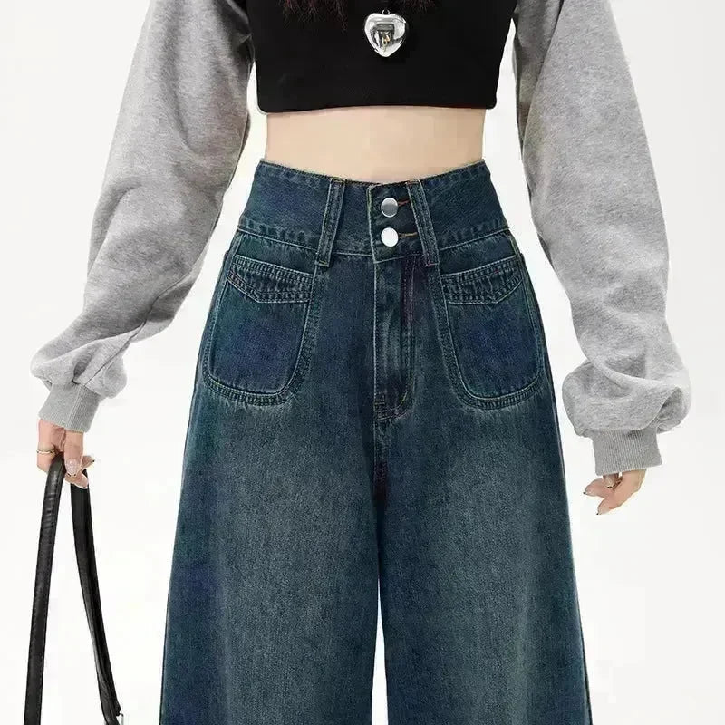 New Simple High Waist Casual Straight-leg Baggy Jeans Pant For Women - EX-STOCK CANADA