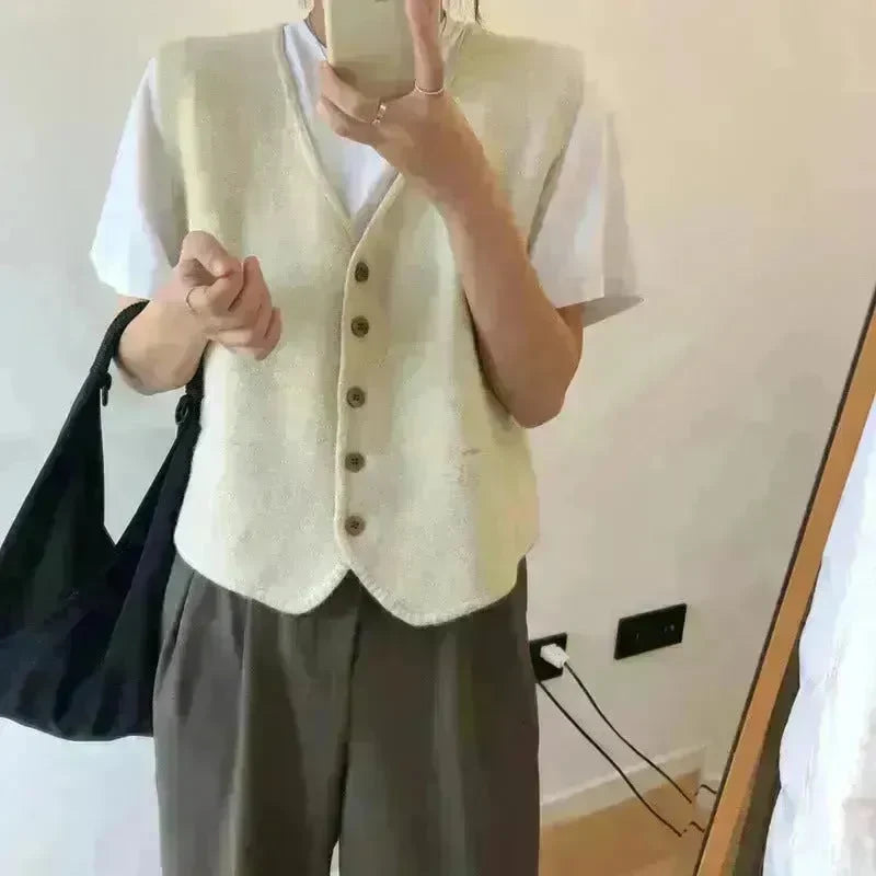 Women Sleeveless V-neck Button Down Knitted Vest Cardigan - EX-STOCK CANADA