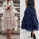 Summer Long Wave Ruffle Layered Ruched High Waist Midi tulle Skirt - EX-STOCK CANADA