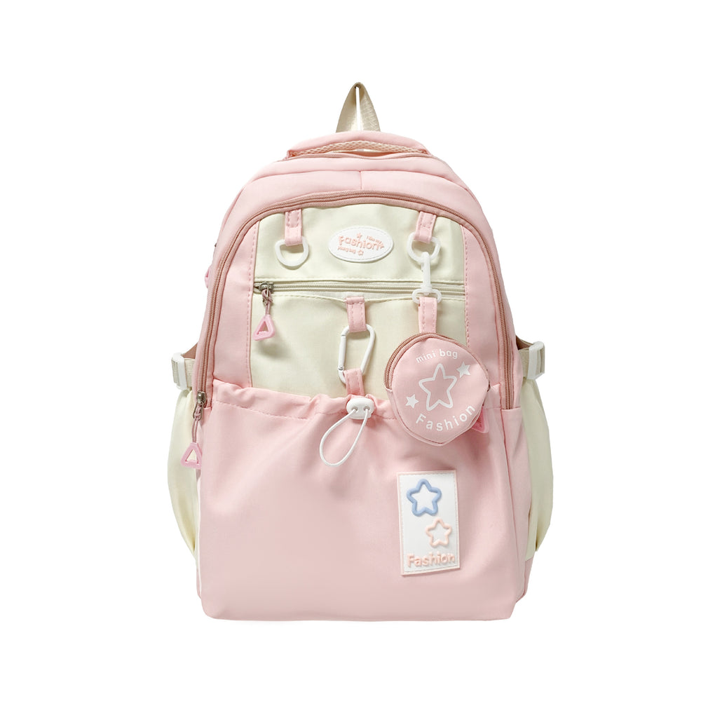 Pink and light green backpack with star-shaped tags on a white background