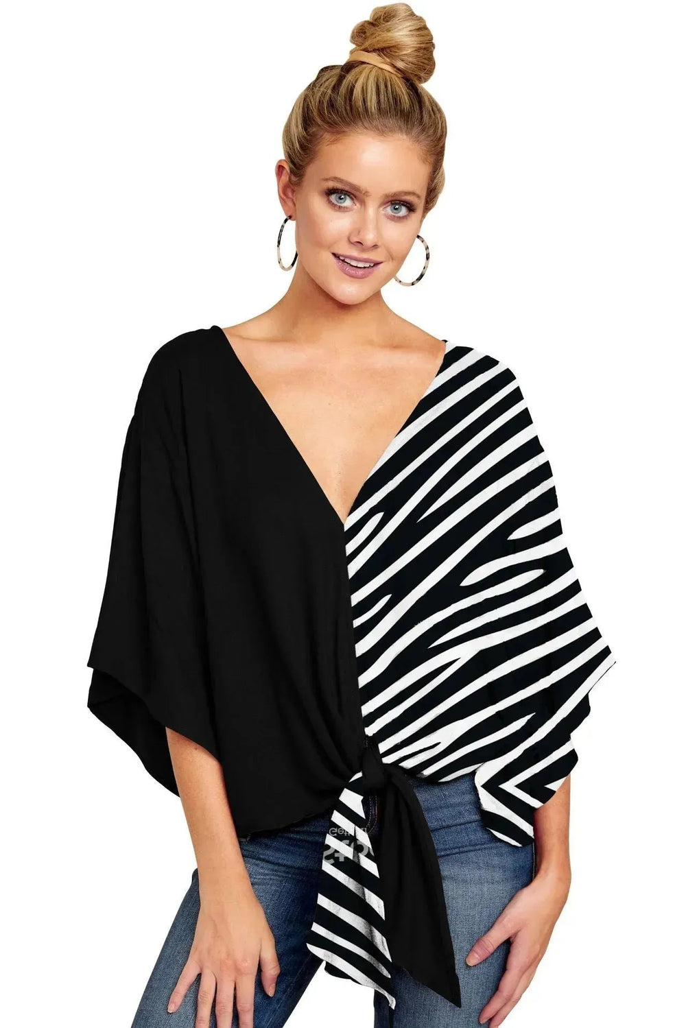 New V Neck Blouse Women Leopard Print Floral Tie Front Blouses Batwing Summer Oversize Ladies Tops - EX-STOCK CANADA