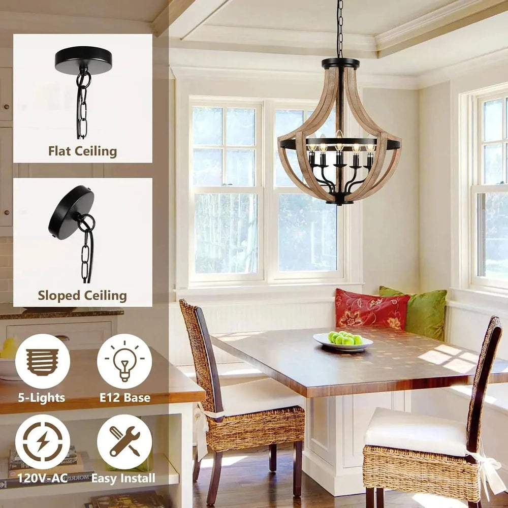 Solid Wood Modern Chandelier For Dining Room, Living Room, Kitchen, Island, Bedroom, Foyer, Height Adjustable, Brown - EX-STOCK CANADA