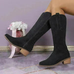 Women's Retro Pointed Toe Chunky Heel Solid Color Side Zipper Mid-calf Cowboy Boot - EX-STOCK CANADA