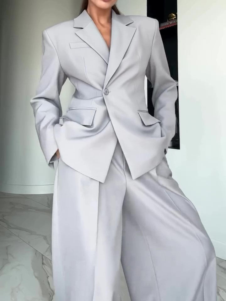 Women's Grey Single-Button Blazer & Wide-Leg Pants Suit – 2-Piece Office Set | Sizes XS–XL