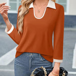 Casual Color Matching Lapel Long Sleeve Blouse Top Women