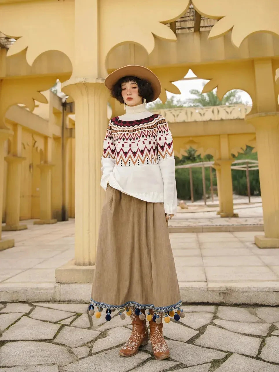 Corduroy Ethnic Style Fur Ball Stitching Brown High Waist Tassel Versatile Maxi Skirt - EX-STOCK CANADA