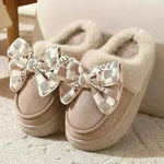 Cute Bowknot Plush Slipper Winter Warm Indoor Floor Bedroom Home Slippers For Women Fashion Thick-soled Solid House Shoes - EX-STOCK CANADA
