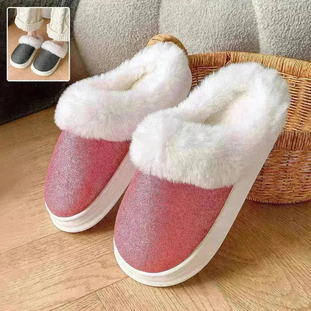 Fashion Frosted Sequined Plush Slippers Winter Warm Home Indoor Non-slip Bedroom Floor Fuzzy Slipper For Couple Women House Shoes - EX-STOCK CANADA
