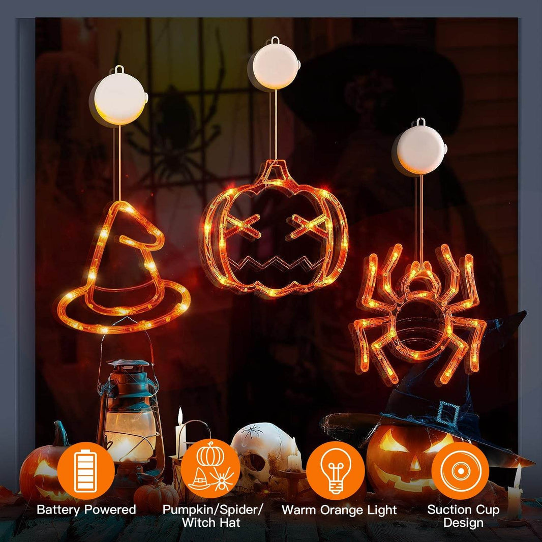 Set Of 3 Pack Halloween Window Light Spider Witch Hat Pumpkin With Orange Light Hanging Halloween Decoration Light With Suction Cup Hanging Holes EX-STOCK