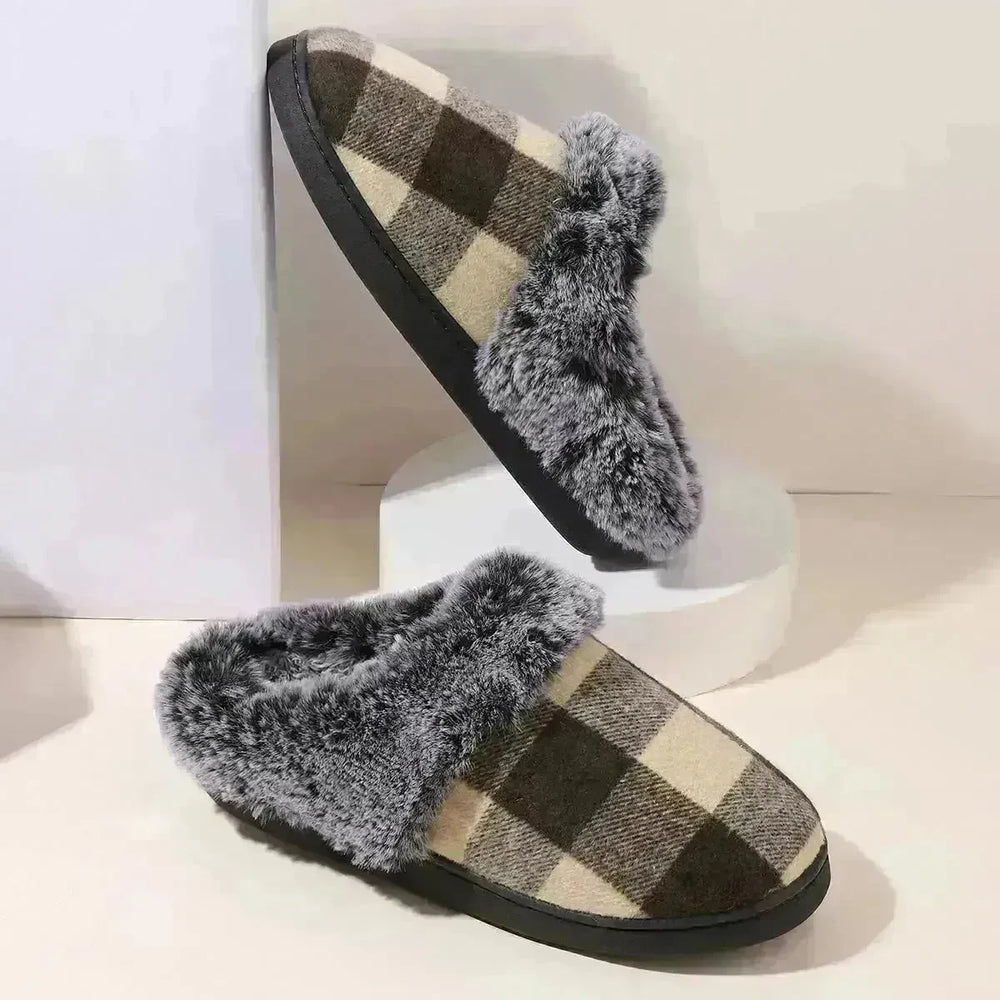 Winter Warm Plaid Plush Slippers Home Indoor Non-slip Bedroom Floor Soft Fuzzy Slipper For Couple Fashion Solid House Shoes - EX-STOCK CANADA