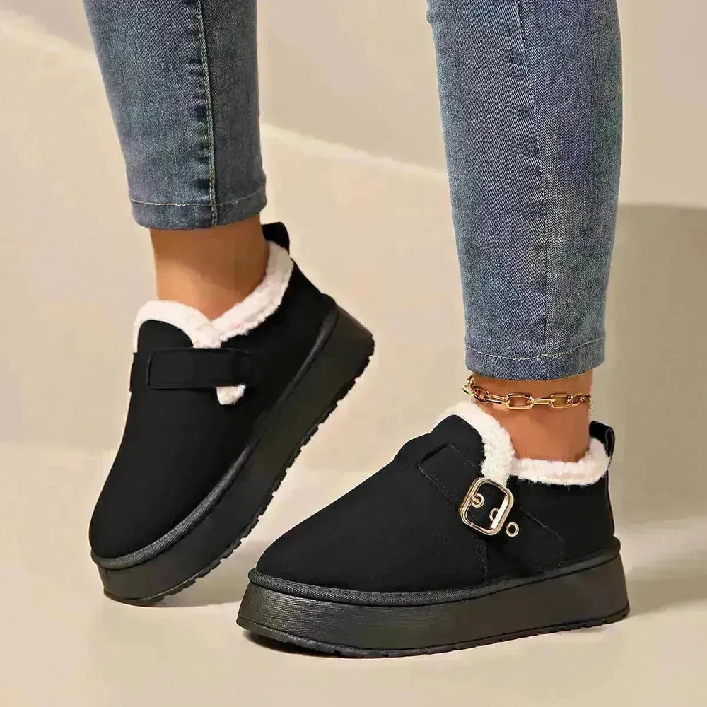 Fashion Round Toe Ankle Boots With Buckle Design Winter Warm Thickened Cotton Shoes Suede Flat Boot For Women - EX-STOCK CANADA