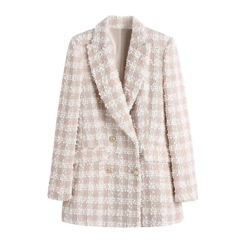 Elegant Luxury Lapel Long Sleeved Double Breasted Check tweed Blazer Women - EX-STOCK CANADA