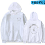 White hoodie with 'Swimming' text and logo on front and back, on a white background.