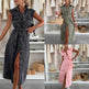 Women's Casual Sleeveless Lace-up Long Dresses Fashion Pockets Solid Party Office Elegant Lapel Single Breasted Denim Dress Summer  EX-STOCK CANADA