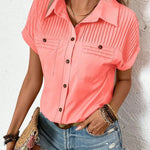 Lapel Shoulder Pleated Pocket Short Sleeve Top Shirt T-shirt Women - EX-STOCK CANADA