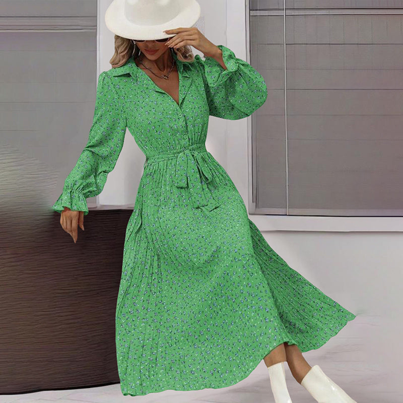Women's Long Sleeve Midi Dress V Neck Button Down Belted A-Line Flowy EX-STOCK