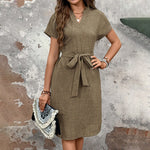 tie belt dress & Elegant V Neck Short Sleeve Casual Summer EX-STOCK
