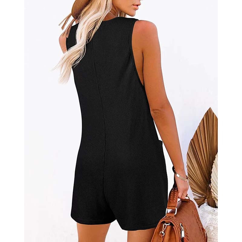 Women's Button Front Romper Jumpsuit With Pockets Casual Solid Color Sleeveless Summer Jumpsuit EX-STOCK