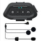 Black motorcycle helmet headset controller with three detachable microphone earpieces and cable, shown on a plain white background.