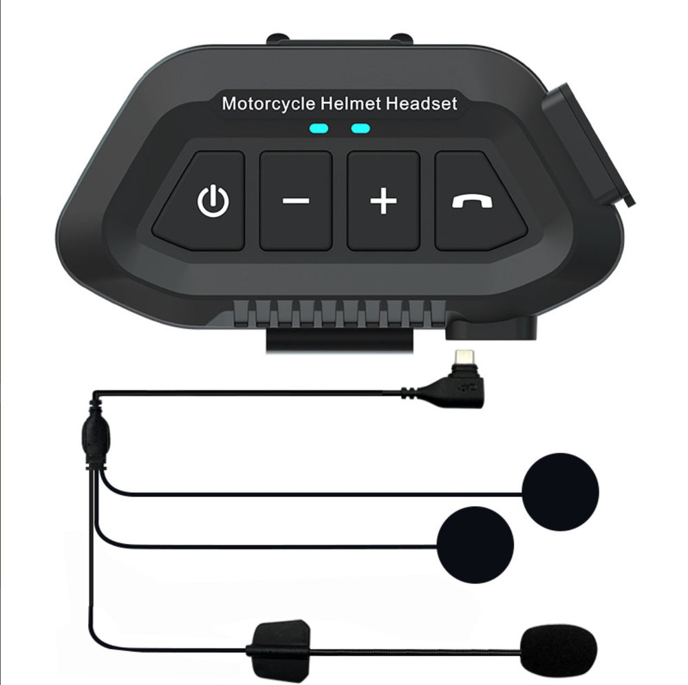 Black motorcycle helmet headset controller with three detachable microphone earpieces and cable, shown on a plain white background.