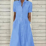Women's European And American Lapel Casual loose button down Midi Denim jeans Mum Dress - EX-STOCK CANADA