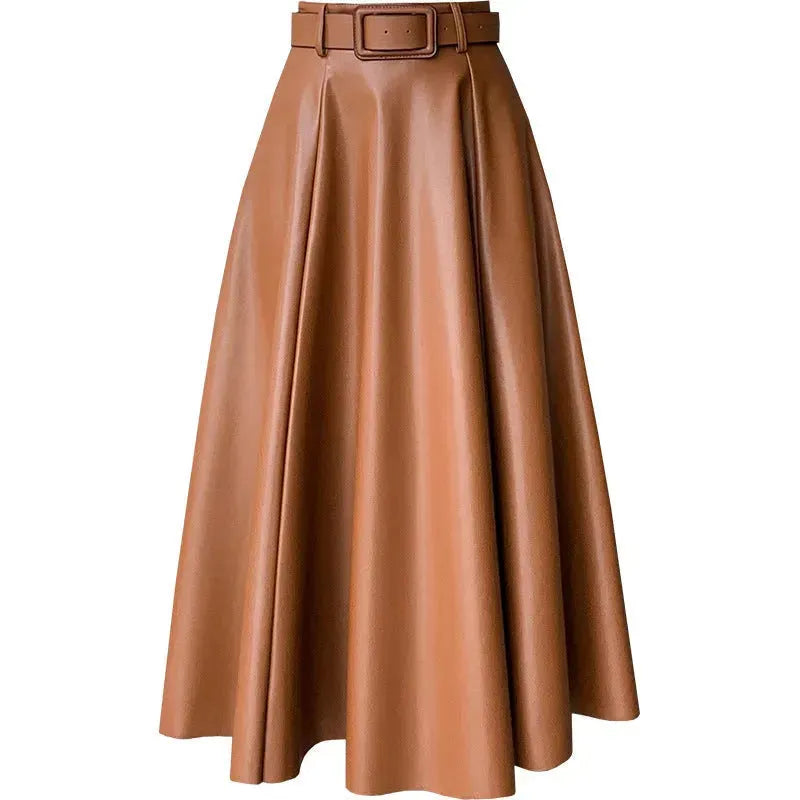 Elegant women High waist Flared Midi PU Leather skirt - EX-STOCK CANADA