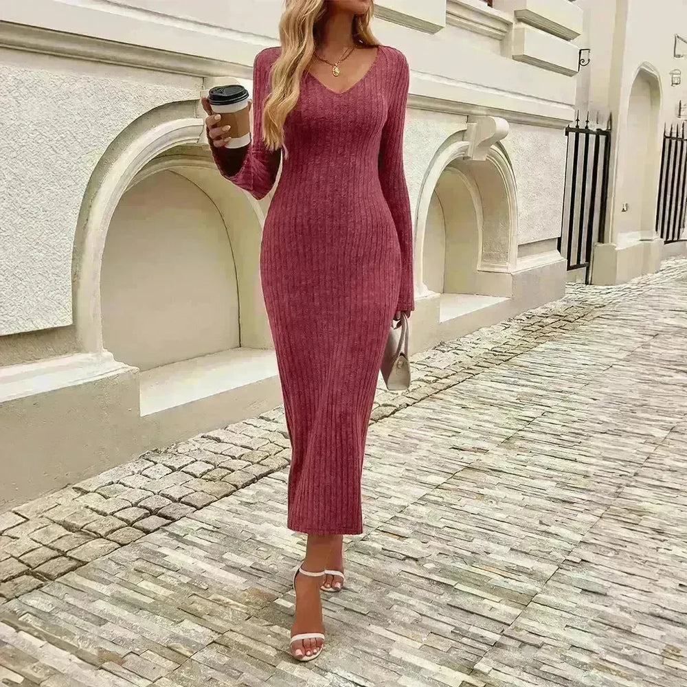 Cashmere V-neck Long bell sleeve Slim fit Midi Winter Sweater Dress - EX-STOCK CANADA