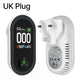 A UK plug carbon monoxide detector alarm shown in two views: one front view with a black display screen showing CO2 ppm, temperature, humidity, and battery percentage, and one back view showing the white plastic plug and vented base. The text 'UK Plug' is written at the top left.