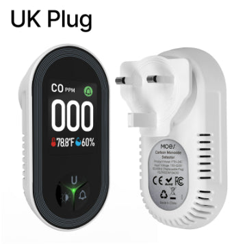 A UK plug carbon monoxide detector alarm shown in two views: one front view with a black display screen showing CO2 ppm, temperature, humidity, and battery percentage, and one back view showing the white plastic plug and vented base. The text 'UK Plug' is written at the top left.