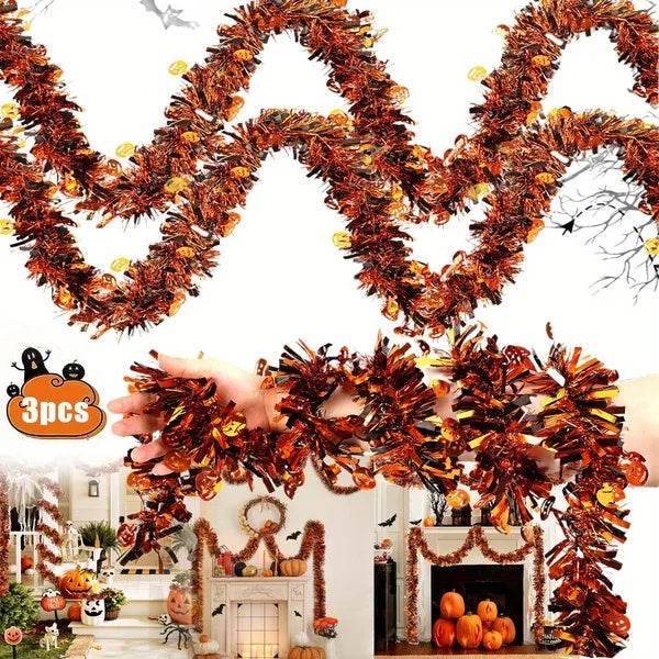 3Pack 6.56 Ft Halloween Tinsel Garland With Pumpkin Sequins Orange Black Mixed Colors Glitter Metallic Tinsel Decoration Twisted Garland For Halloween Thanksgiving Trick Or Treat Fall Party Supplies EX-STOCK