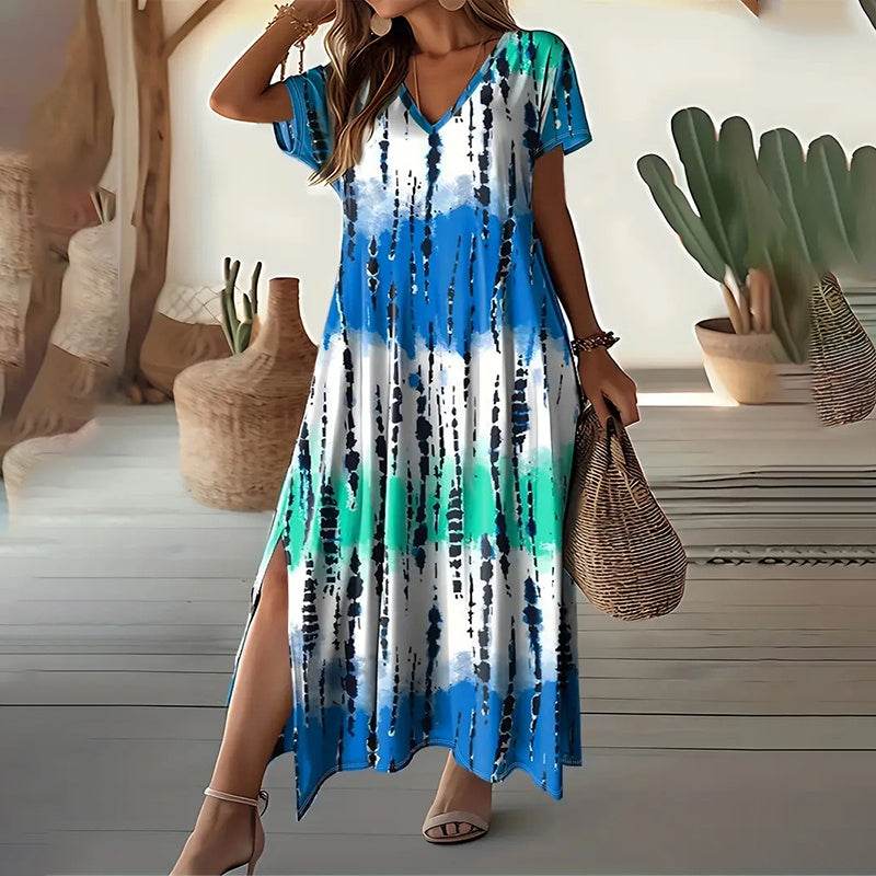 Women's Summer Tie Dye Maxi Dress Short Sleeve V Neck Casual Loose Long Split Dresses - EX-STOCK Canada