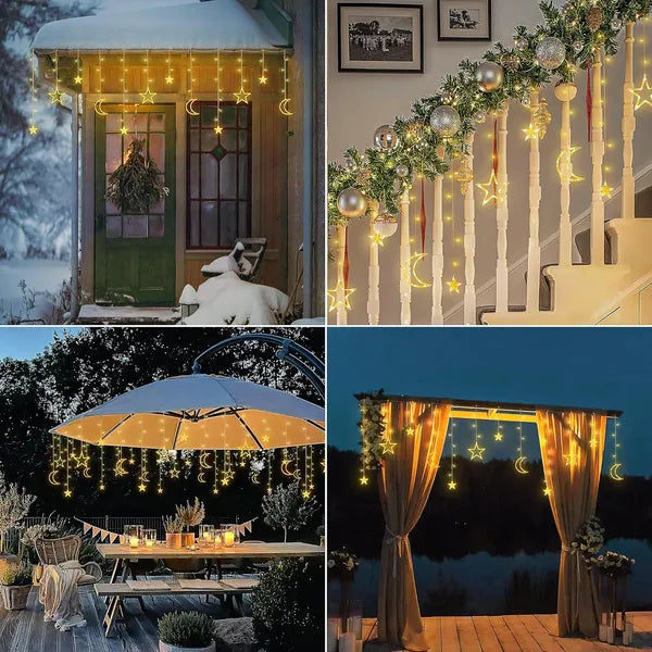 Ramadan Solar Icicle Lights,Outdoor Waterproof Moons Stars Curtain Window String With 8 Modes Timer Remote,USB Rechargeable Connectable Warm White Hanging Decor For Patio EX-STOCK Canada 
