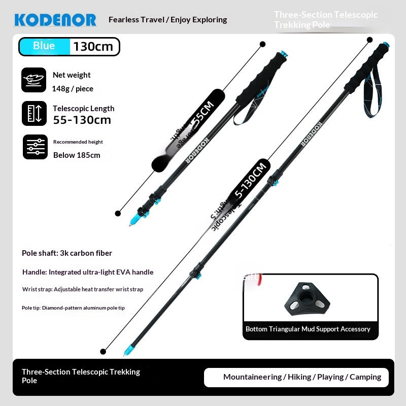 Two KODENOR three-section telescopic trekking poles in blue and black, displayed on a light gray infographic background with product specifications, features, and an accessory inset.