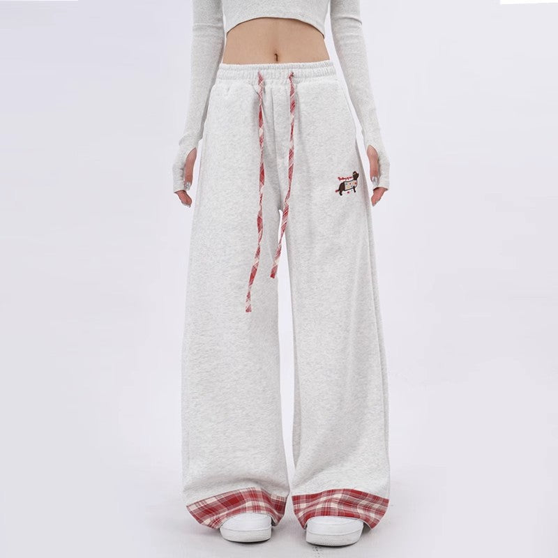 Women's Retro Wide-Leg Sweatpants – Plaid Rolled-Up Hem & Embroidered Drawstring Joggers | XS–4XL