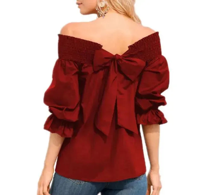 Spring Summer Women Off Shoulder Strapless Blouse top Bowknot Slash Neck Casual Loose Plus Size top - EX-STOCK CANADA