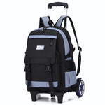 Black and gray backpack with wheels on a white background