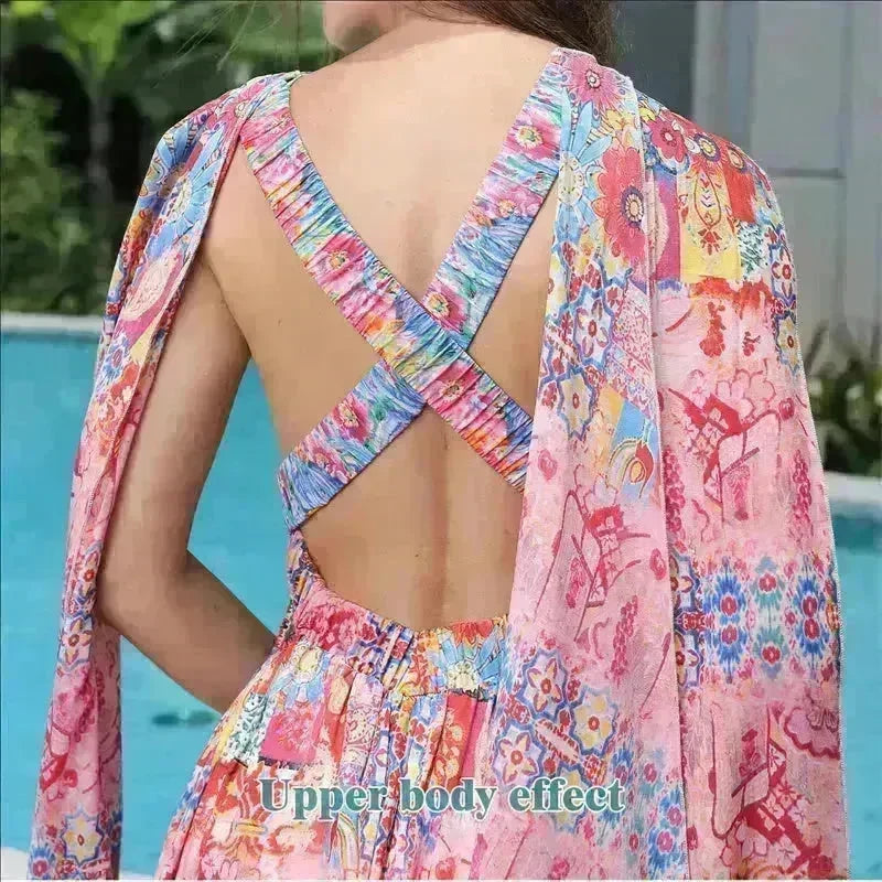 Casual Women's Floral Style Large Hem Cross Open Back Dress - EX-STOCK CANADA