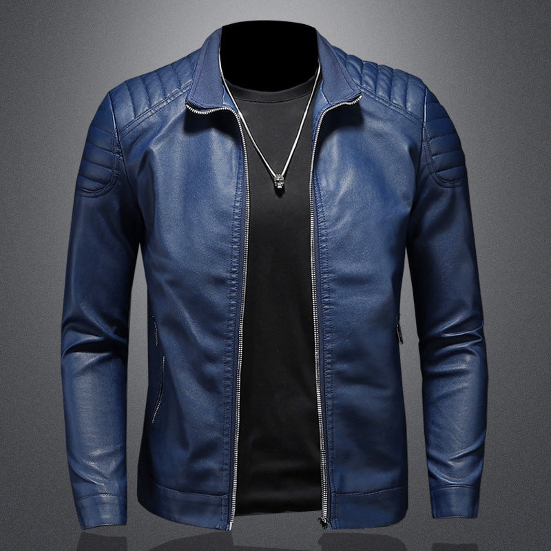 Men's Slim-Fit Faux Leather Motorcycle Jacket – Black & Blue | XS–5XL
